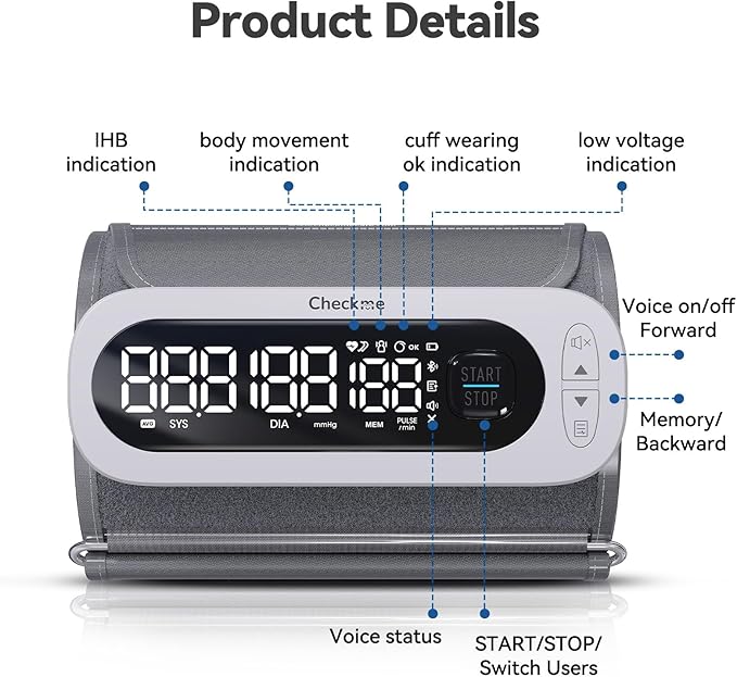 Checkme Rechargeable Blood Pressure Monitor, Automatic Upper Arm BP Machine, Large Clear Numbers, Voice Broadcast, 2-User Mode, 2x199 Memories, Large Cuff, Unlimited Cloud Storage via Bluetooth APP