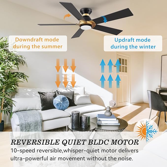 SMAAIR 52 Inch Smart Ceiling Fan with Light and Remote, Flush Mount Modern Ceiling Fan with lights,Compatible with Alexa/Google Assistant/Siri,Timer and Schedule,10 Speed DC Motor,Black/Gold