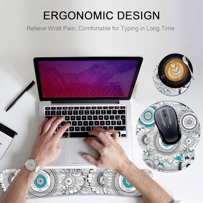 Keyboard Wrist Rest and Mouse Pad Wrist Support Set with Coasters,Non-Slip PU Base Ergonomic Gaming Mousepad for Home Office Working Studying Easy Typing & Pain Relief,Mandala Flowers