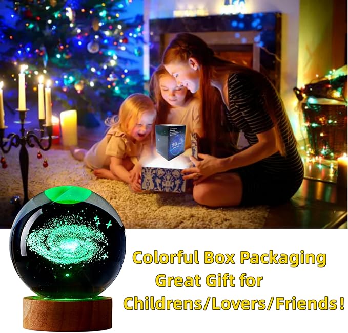 Conalisk 3D Galaxy Crystal Ball Lamp,3.15 Inch K9 Crystal Ball Night Light with Wooden Base,16 Colors Changing Light with Dimmable Remote Control,3D Laser Engraving Holographic Lamp (Galaxy)