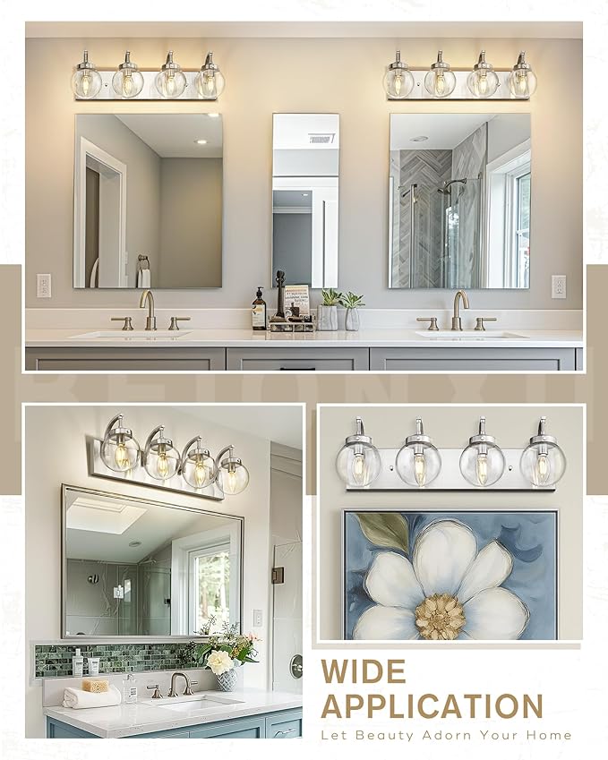 Beionxii 4-Light Bathroom Light Fixtures, Brushed Nickel Bathroom Vanity Light Over Mirror, Modern Vanity Lights with Clear Glass Shade for LivingRoom Hallway, BX-VL03BN-4CG