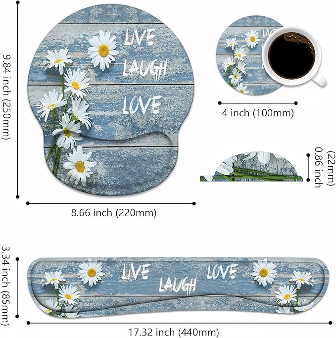 Keyboard Wrist Rest + Mouse Pad Wrist Support Set with Coasters, Dreamy Daisy Vintage Wood Board Live Laugh Love Design Non-Slip PU Base Ergonomic Mousepad for Home Office Working Studying
