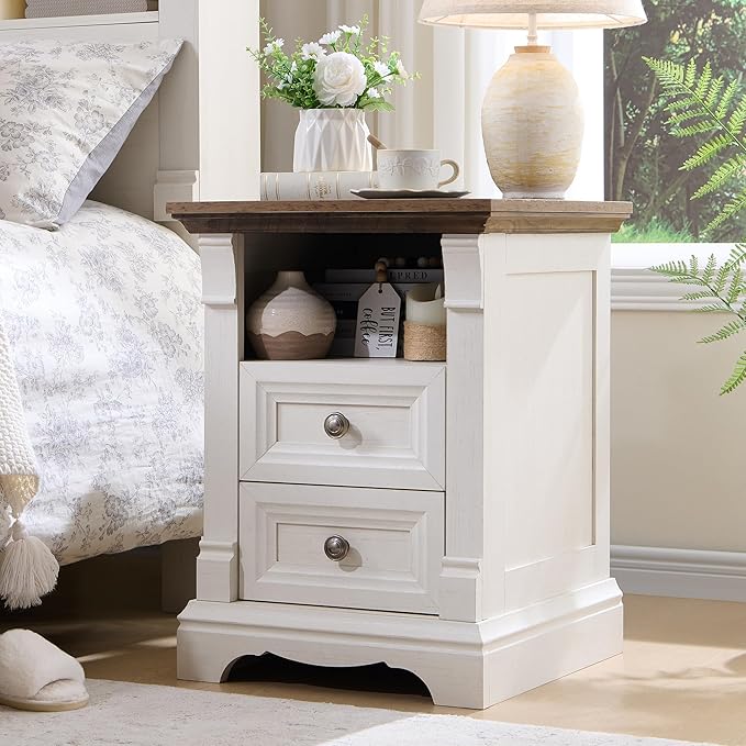 T4TREAM Farmhouse Nightstand Set of 2, 18" End Table with 2 Drawers Storage, Wood Side Table w/Roman Column, Bedside Cabinet for Bedroom, Living Room, Antique White