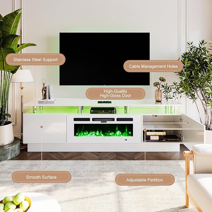 oneinmil Fireplace TV Stand with 36” Electric Fireplace, 70” 2 Tier TV Console Stand for TVs Up to 80", LED Light Entertainment Center, Fireplace for The Living Room TV Stand, White