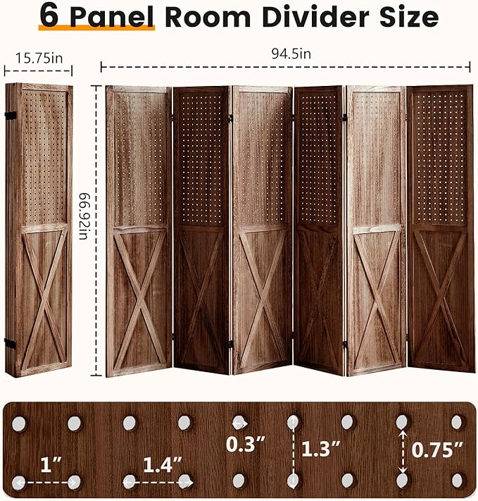 ALeesing 6 Panel Pegboard Room Divider, 5.6Ft Pegboard Display Folding Privacy Screens, Wood Room Divider Peg Board Display Freestanding for Trade Show Craft Show Home Wall Organizer, Brown