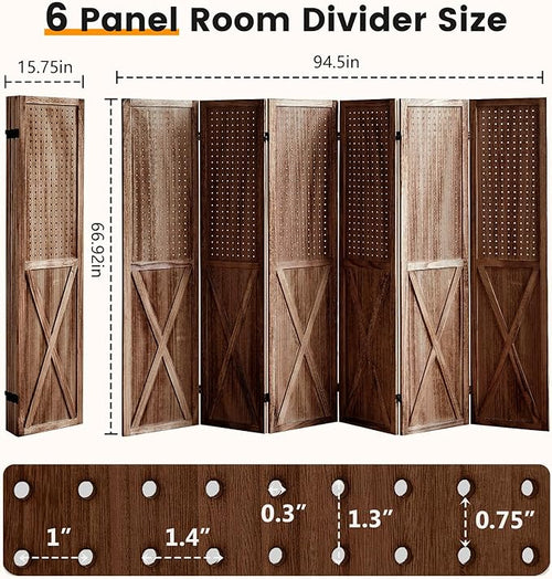 ALeesing 6 Panel Pegboard Room Divider, 5.6Ft Pegboard Display Folding Privacy Screens, Wood Room Divider Peg Board Display Freestanding for Trade Show Craft Show Home Wall Organizer, Brown