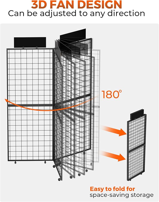 DEMEGA 360° Foldable Grid Wall Panel, Three 6' x 4.25' Ft Double Side Gridwall Display Stand with Notice board, Heavy Duty Sturdy Floorstanding Wire Grid Rack, Movable Wheel for Retail Art Craft Fairs