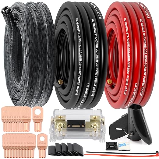 1/0 Gauge Wire CCA (20Ft Each Black/Red) Primary Automotive Wire with Lugs Kit,250A ANL Fuse,1/2 Inch Cable Split Sleeving,Battery Cable,Car Amplifier Power Ground Wires,Amp Install Wiring