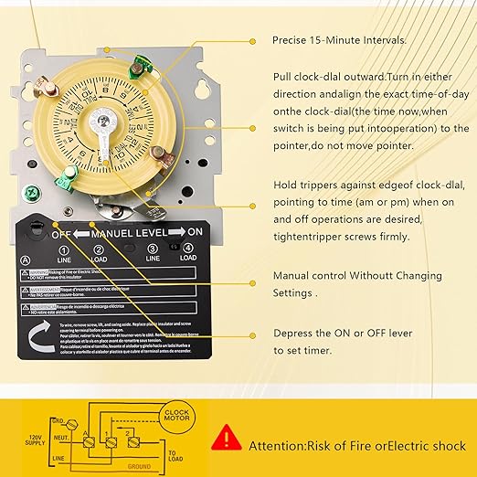 T104M Mechanical Timer Switch (Mechanism Only),208-277 VAC 5HP 40A DPST Pool Pump Timers Replacement,24-Hour 12 ON/Off Electromechanical Timer Switch for Pool Pump Water Heater Lighting