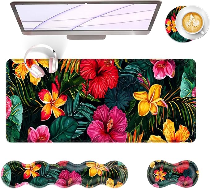 BFUKVOU Large Keyboard Mouse Pad Set, Extended Mouse Pad+Keyboard Wrist Rest Support, Memory Foam Ergonomic Easy Typing, 4Pcs (31.5×11.8 in) Desk Pad Set for Office Home,Vibrant Tropical Flower