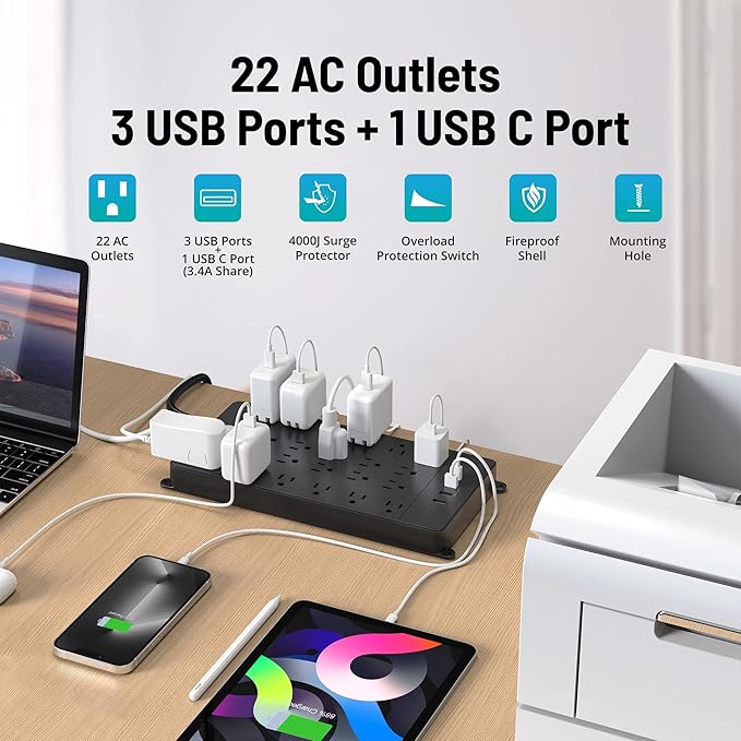 TROND Surge Protector Power Strip with USB Ports, 5ft Flat Plug Extension Cord, 22 Widely Spaced Outlets with 4 USB, 4000 Joules, 14AWG Heavy Duty, ETL Listed, Wall Mountable for Home Office, Black