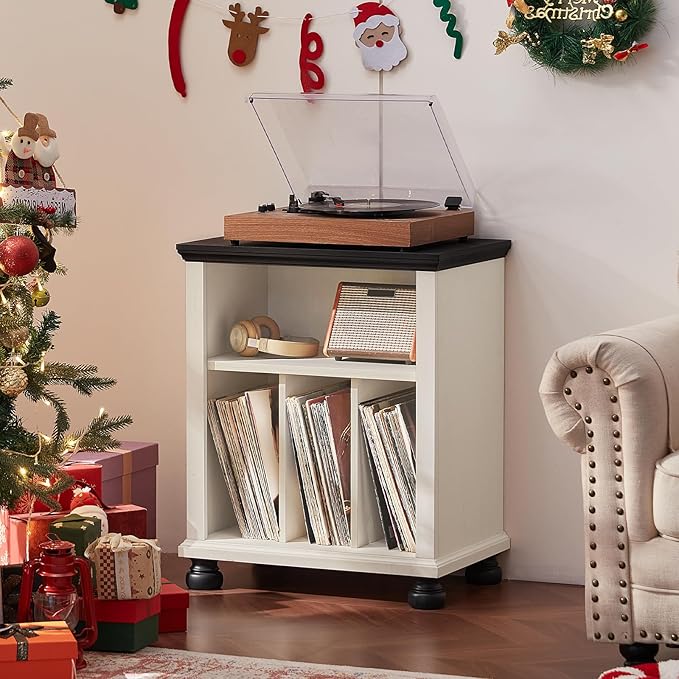 Joaxswe Record Player Stand with Vinyl Record Storage, 24" Wide Mid-Century Record Player Table Up to 200 Albums,Large Wood Turntable Stand Cabinet Dispaly Shelf for Living Room,Bedroom,White