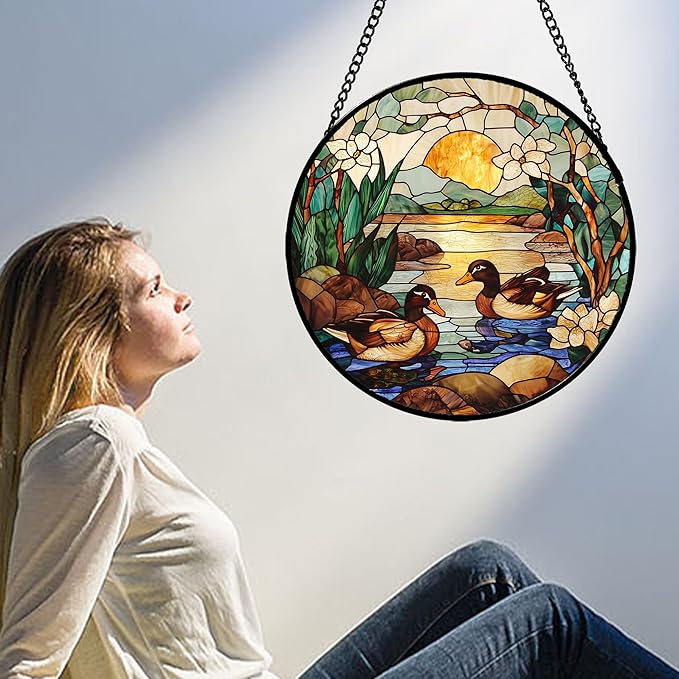AMDERVEN Stained Glass Window Hanging, Ducks in The Pond Sun Catcher for Door Home Decor Landscape Plant Suncatcher Christmas Mother's Day Birthday Gifts for Women Men Mom Nana 7.8 in
