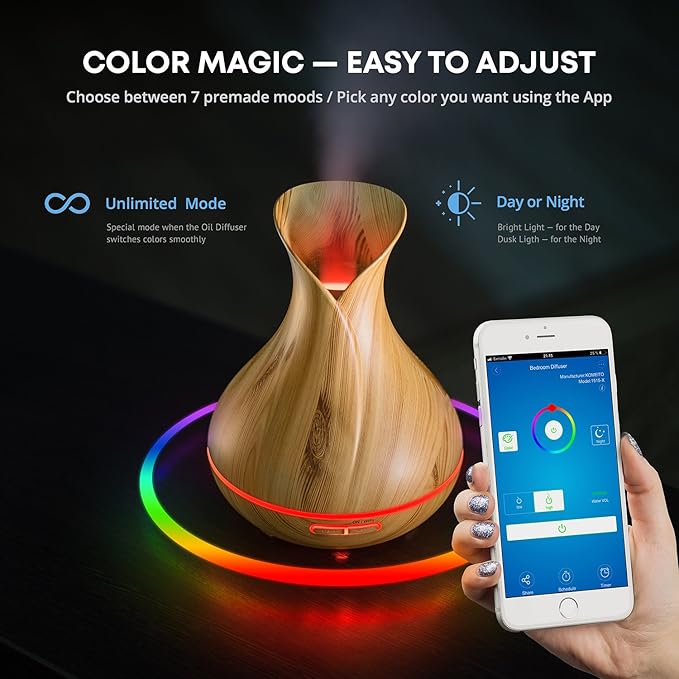 Sierra Modern Home Smart WiFi Wireless Essential Oil Aromatherapy Diffuser - Works with Alexa & Google Home – Phone App & Voice Control - 400ml Ultrasonic Diffuser & Humidifier - LED & Timer Settings