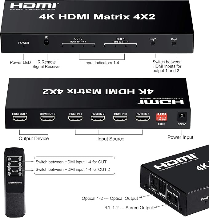 FERRISA 4x2 HDMI Matrix Switch, 4 in 2 Out Matrix HDMI Video Switcher Splitter +Optical & L/R Audio Output,Support Ultra HD 4K, 3D 1080P, Audio EDID Extractor with IR Remote Control