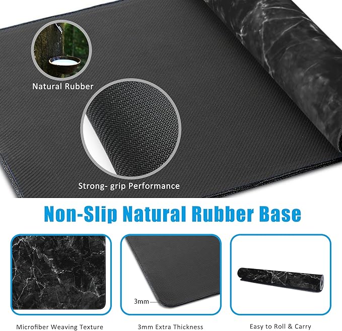 EOBKLAX Black Marble Texture Desk Mat,Large Gaming Mouse Pad,Non-Slip Rubber Base Desk Pad with Stitched Edges for Desk Office Home Decor 35.4X15.7 Inch