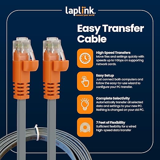 LAPLINK Easy Transfer Cable, Includes PCmover Express Data Transfer Software and High Speed Ethernet Cable, Single Use License, Only Transfers Files and Settings. Compatible with Windows 11