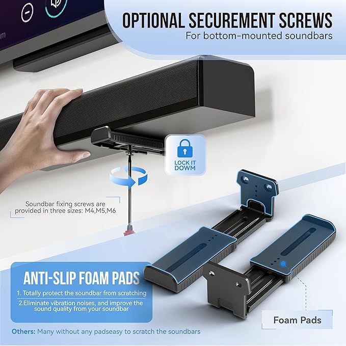 Agandax Soundbar Wall Mount Bracket for Samsung, Sony, LG, Vizio, Bose, JBL and More Sound Bar Mounts Under TV, Depth Adjustable 3.7”-6.4”, Hold up to 38 lbs, Soundbar Shelf