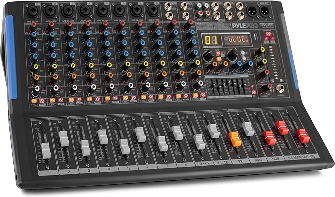PYLE 12-Channel Bluetooth Studio Audio Mixer - DJ Sound Controller Interface with USB Drive for PC Recording Input, RCA, XLR Microphone Jack, 48V Power, For Professional and Beginners - PMXU128BT