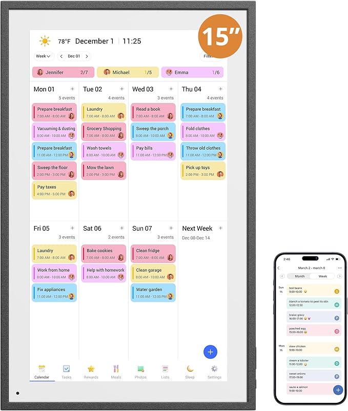 Digital Calender 15.6 Inch Smart Wall Calender, Touchscreen Electronic Calender Planner for 2025 Family Chore Chart Rewards and Schedules, Interactive Display, APP Access, Wall Mount or Stand