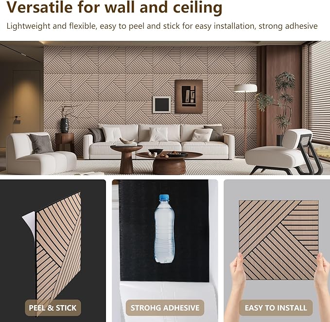 ARMURO 4 Packs Acoustic Wall Panels - Self-Adhesive 3D Wood Slat Wall Panel- Peel and Stick Sound Absorbing Panels for Noise Reducing - Feature Wall Decor for Home & Office