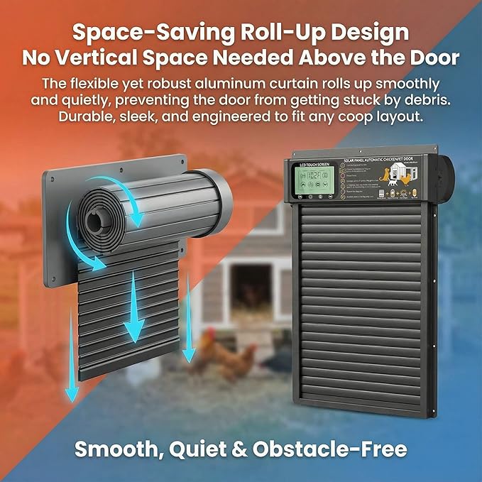 XRDZYXGS Automatic Chicken Coop Door Opener, Space-Saving Roll-up Design, 11.8" x 18.9" Aluminum Alloy Poultry Door for Ducks Geese, Solar Panel with Built-in 6000mAh Battery, Support USB-A Power