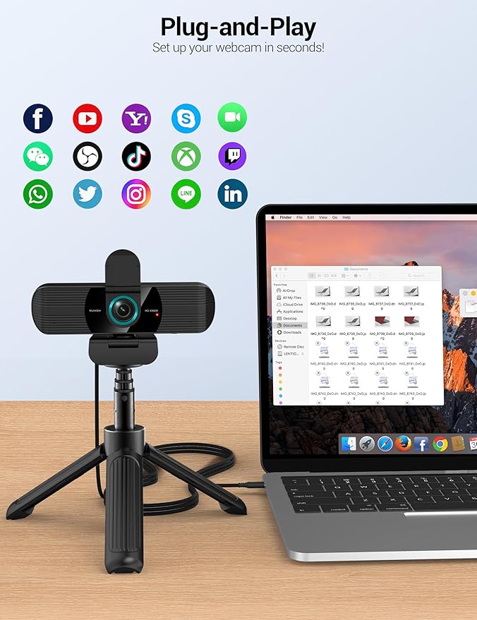 RUWBY Full HD 1080P Webcam with Built-in Dual Mics, Wide-Angle Lens, Privacy Cover, Tripod Stand, Autofocus PC Camera, Plug and Play for Desktop Computer or Laptop