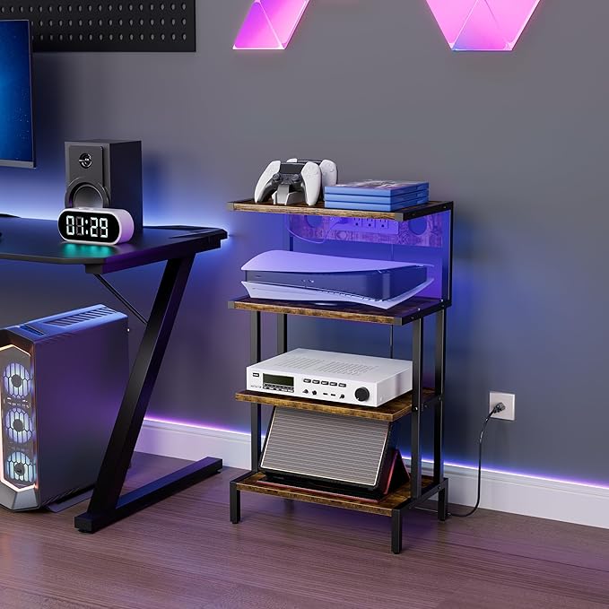 Aquzee Video Game Console Shelf, Stereo Racks - Media Stand with Outlet & Led Strip Light, 4-Tier Gaming Shelf for PS4 PS5 Xbox Games Organizer, Small Entertainment Center, AV Media Stand for CD DVD