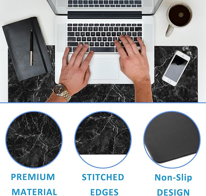 EOBKLAX Black Marble Texture Desk Mat,Large Gaming Mouse Pad,Non-Slip Rubber Base Desk Pad with Stitched Edges for Desk Office Home Decor 35.4X15.7 Inch