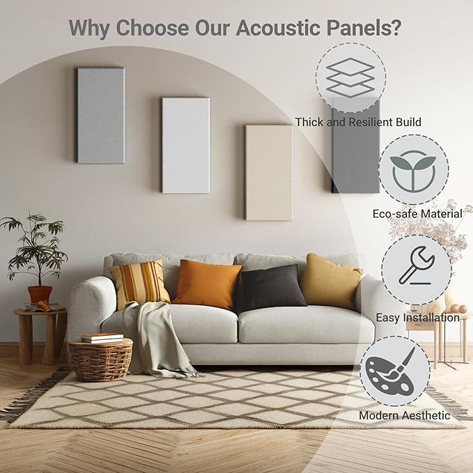 4 Pack High-Density Core with Fabric Cover Acoustic Panels – 24×12×2 In Self-Adhesive Soundproofing and Sound-Absorbing Wall Panels for Echo Reduction in Studio, Theater, or Recording (Pebble Gray)