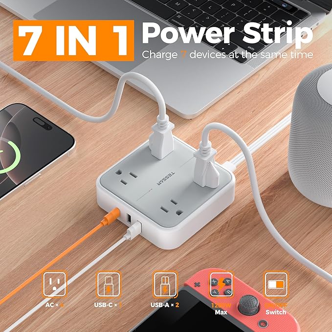 TESSAN Short Extension Cord, 1 Ft Ring Pull Surge Protector Power Strip with Multiple Outlets, 3 USB (1 USB C) 4 Outlets, 900J Surge Protection, Desktop Charging Station for Home, Office, Dorm Room