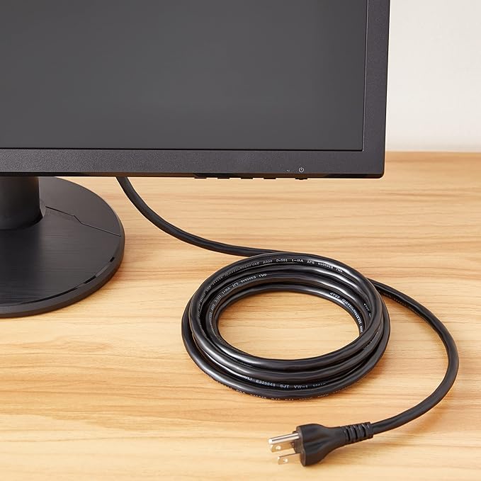Amazon Basics PC Power Cord, 10 feet, AC Power Cord for Monitor, Computer, TV, 3 Prong, 18 AWG, 125 Volts, Black