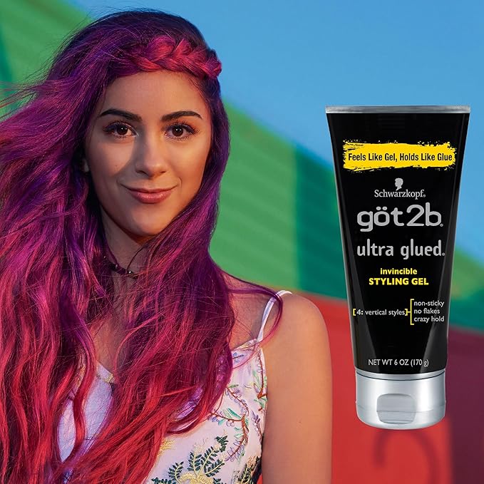 got2b Ultra Glued Invincible Styling Gel Set, 6 Fl Oz (2-Tube) + 1.25 Fl Oz Travel Size, Hair Gel for Men and Women with Extra Strong Hold, Non-Sticky, No-Flake Formula for Vertical Styles