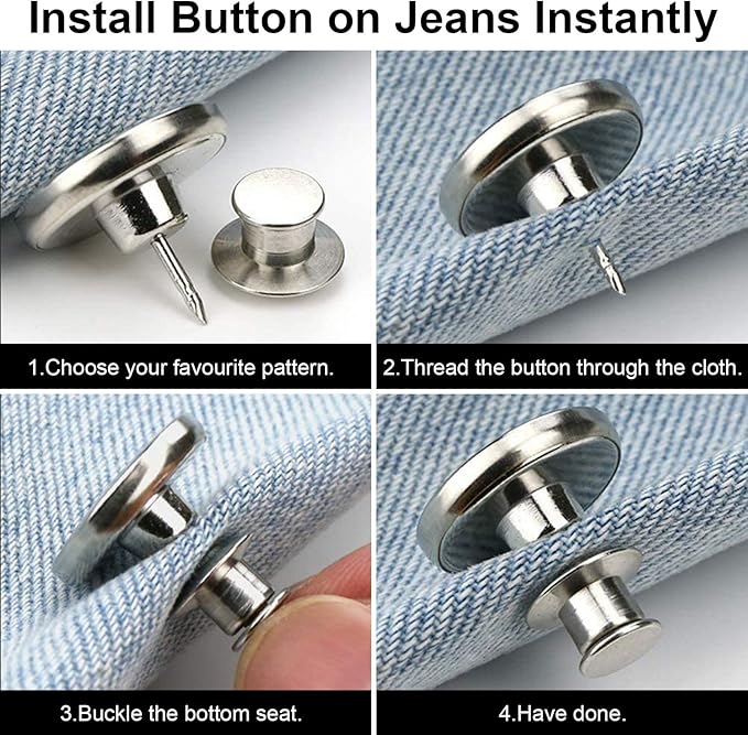 TOOVREN Upgraded 8 Sets Button Pins for Jeans Pants, No Sew Perfect Fit Jean Button Tightener Replacement Adjustable Reusable Metal Clips Snap Tack, Instant Reduce Too Big Pants Waist