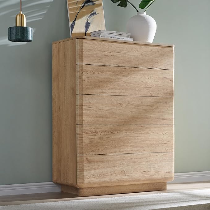 JXQTLINGMU 5 Drawer Dresser for Bedroom, 42" Tall Modern Wood Dressers, Push-to-Open Chest of Drawers for Closet Organizers & Storage, Curved Profile Design,Natural Oak