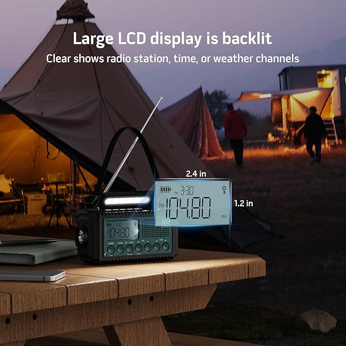 Emergency Weather Radio with AM/FM/NOAA/SW, 5 Ways Powered Solar Hand Crank Alert Radio with LCD Display&SOS, 5000 Portable Radio with Cellphone Charger, Flashlight, Reading Lamp, Headphone Jack