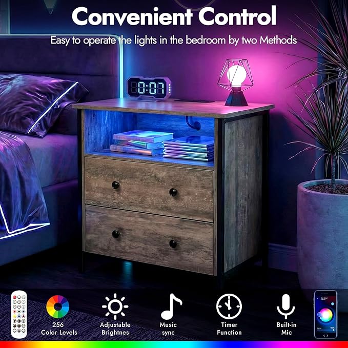 Tykacna 27 Inch Wide Night Stand, Lrage Wood Night Stand Set 2 with 2 Drawers, LED Nightstand with Charging Station and Adjustable Drawer, Bedside Table for Living Room/Bedroom/Study/Office, Gray.