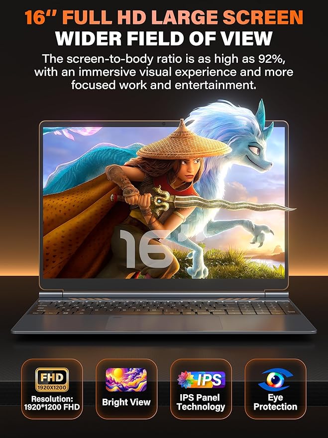 Rumtuk 16" Gaming Laptop Computer - Alder Lake N95 Processor (3.4GHz), FHD 1920 * 1200 IPS, 16G RAM, Fingerprint, Backlit Keyboard, 180° Hinge, Lightweight for Business & Student (1TB)