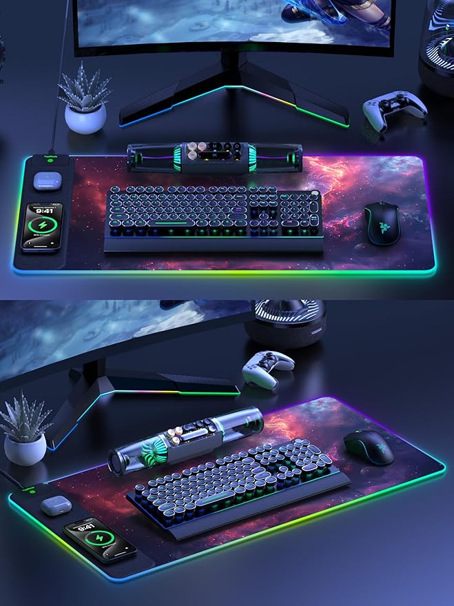 TopMade Wireless Charging Mouse Pad, RGB Gaming Mousepad Home Office Desk Pad, 31.5” x 15.8” Large Desk Mat, Waterproof Keyboard Pad, Galaxy Nebula (Includes 20W PD Power Adapter & 6.56ft Woven Cable)
