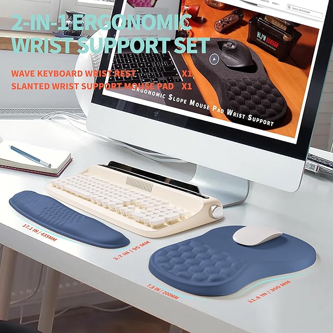 KUOSGM 2-in-1 Ergonomic Set, Wave Rise Keyboard Wrist Rest and Massage Bulge Slope Mouse Pad Wrist Support, Cushion Memory Foam Integrated to Relieve Wrist Pain, Dark Blue