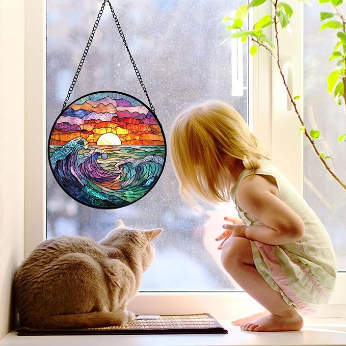 DASTOLL Stained Glass Window Hanging, Clouds and Sea Waves Suncatcher Diamond Glass Panel Hangings Scenery Sun Catchers Decor for Birthday for Women, Men, Wife, Aunt, and Mom 6.3 in