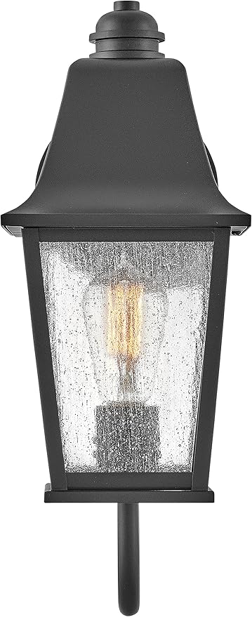 Hinkley Kingston Single Light Wall Mount Outdoor Lantern - Oversized Sweeping Roof & Bottom Arm, Aluminum, Clear Seedy Glass - Black Finish