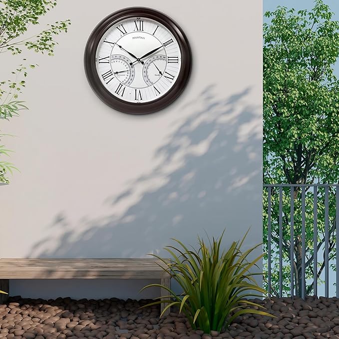 FOUNTAIN DESIGNS 24" Jameson in/Outdoor Lighted Clock, Self-Illuminated, Waterproof, 3 in 1 Weather Station (Thermometer & Hygrometer), Metal Clock, Oil Rubbed Bronze Finish(Night Light)