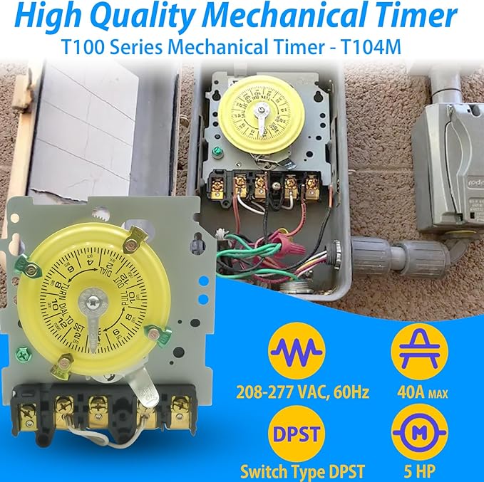 T104M Mechanical Time Switch, 208-277V AC, 5HP DPST, 24-Hour 12 ON/Off, Heavy Duty Electromechanical Outdoor Timer, 40A Max - Ideal for Pool Pumps, Lights, Fans, and HVAC Systems