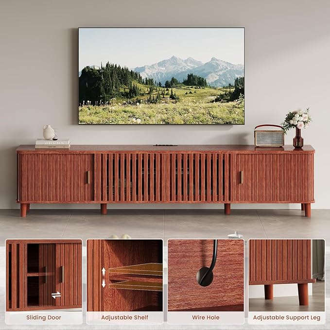 UPOSOJA TV Stand with Fluted Sliding Doors & Adjustable Shelves, Charging Station,RGB LED Lights,Media Console, 67 Inches, with Wire Management, for TVs up to 75 Inches