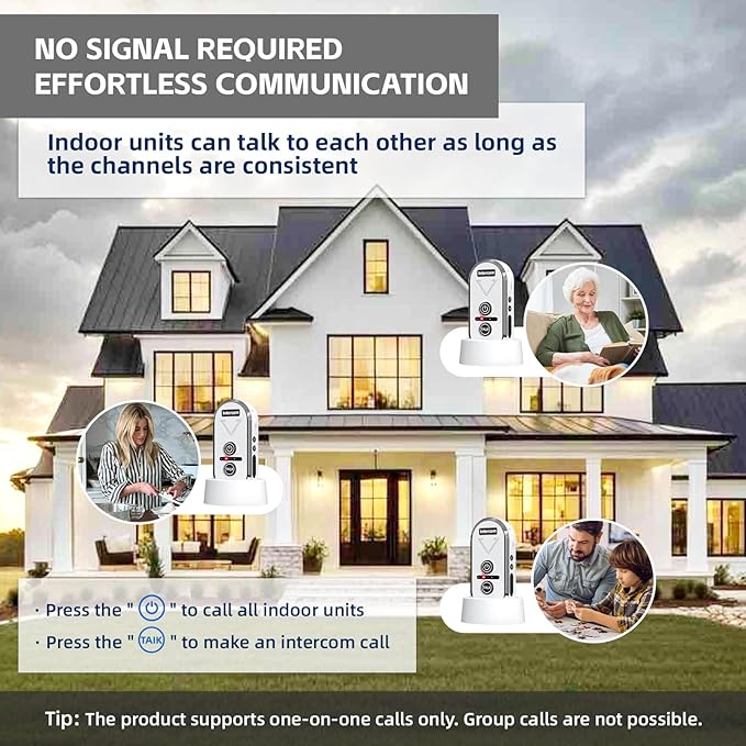 PANDAAR Intercoms Wireless for Home, 2 Way Intercom Communication 4900ft Long Range,Room to Room Intercom Wireless with 3 Volume Levels,20 Chimes Home Intercom System for Indoor Outdoor Use