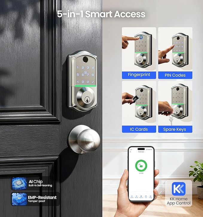 Veise VE017-K Fingerprint Smart Lock with 2 Knobs, App Control, Keyless Entry Front Door Lock with Handle Set, Electronic Digital Touchscreen Keypad Deadbolt, IP55 Waterproof, Auto-Lock, Satin Nickel