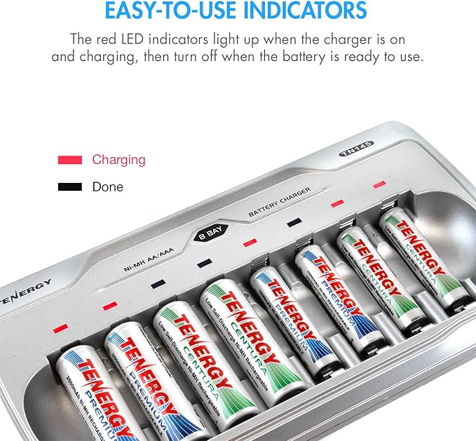 Tenergy TN145 8 Bay Charger and 8 Pack Rechargeable AA Batteries, Independent Charging, UL & CE Certified