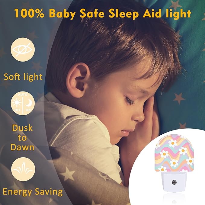 sndheke Groovy Hippie Daisies Flowers Night Light for Kids,Retro Rainbow Wavy Floral Night Light Plug in with Dusk to Dawn Sensor,0.5w Energy Saving Nightlight for Hallway Stairway Kitchen Bedroom