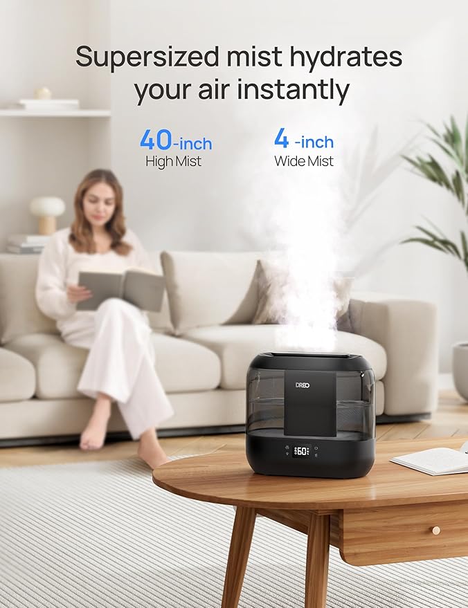 DREO Smart Humidifiers for Bedroom, Top Fill 4L Supersized Humidifier Large Room with 28 dB, 36H Runtime, Touch/APP/Voice Control, Nightlight, Cool Mist Humidifiers for Baby, Plants, Indoor, Black